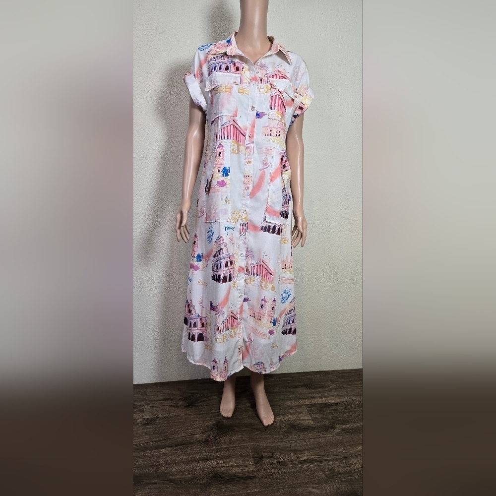 Beulah Style 70’s Rome Shirt Dress Size Small Whit Pockets - Picture 5 of 13